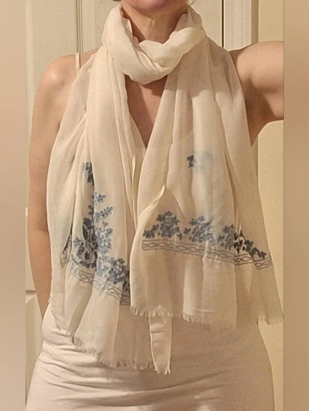 Off-White Scarf w/ Detailed Light Blue Flowers